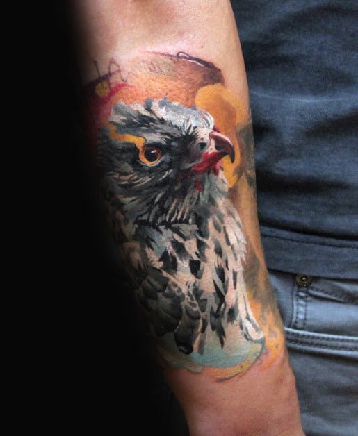 Watercolor Falcon Inner Forearm Tattoos For Men