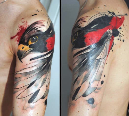 Watercolor Falcon Upper Arm Male Tattoo Ideas