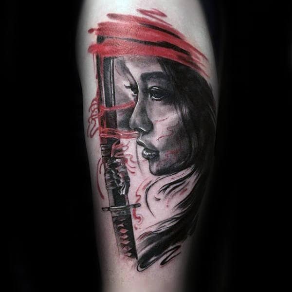 Watercolor Female Portrait Katana Mens Arm Tattoo