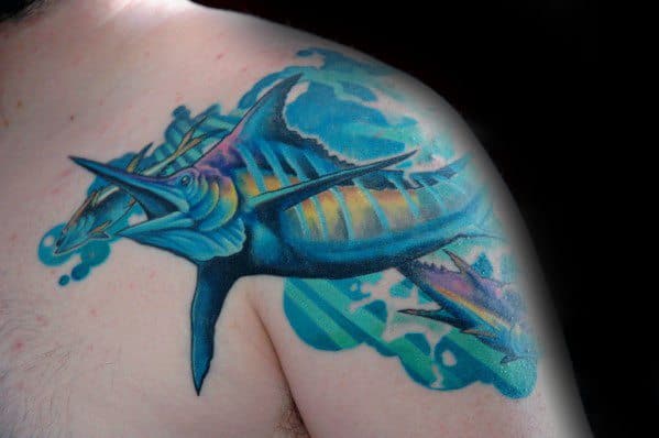 Watercolor Fish Shoulder Awesome Marlin Tattoos For Men