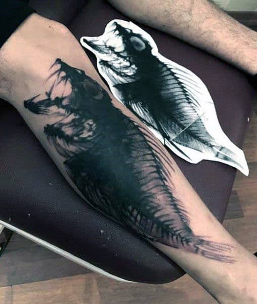 Watercolor Fish Skeleton Manly Guys Leg Tattoos