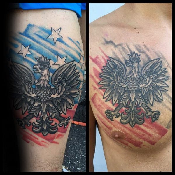 Watercolor Flag Mens Polish Eagle Upper Chest Tattoo