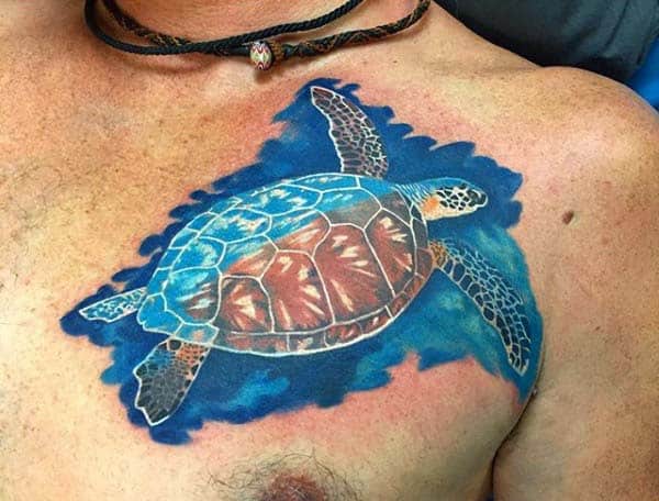 Watercolor Floating Turtle Mens Upper Chest Tattoo