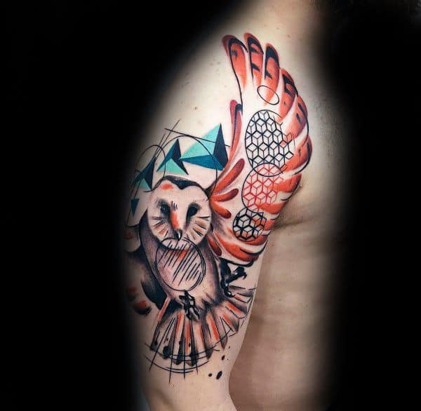 Abstract owl tattoo with orange wings, geometric shapes, and sketch-style lines, symbolizing wisdom, vision, and creative freedom.