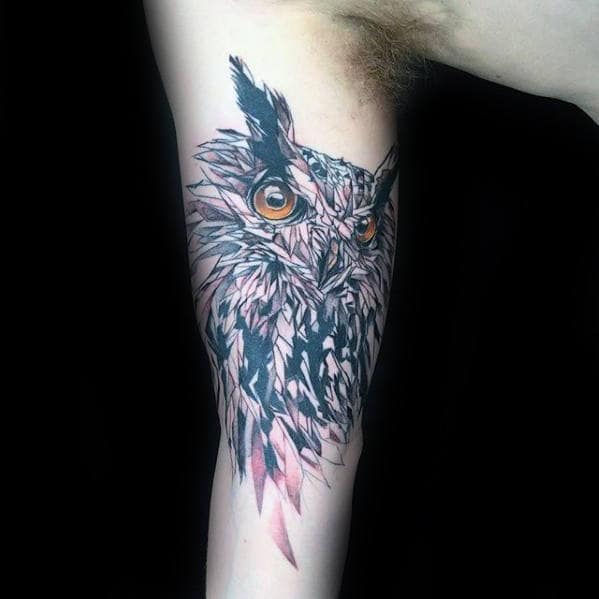 Watercolor Geometric Owl Mens Inner Arm Bicep Tattoo