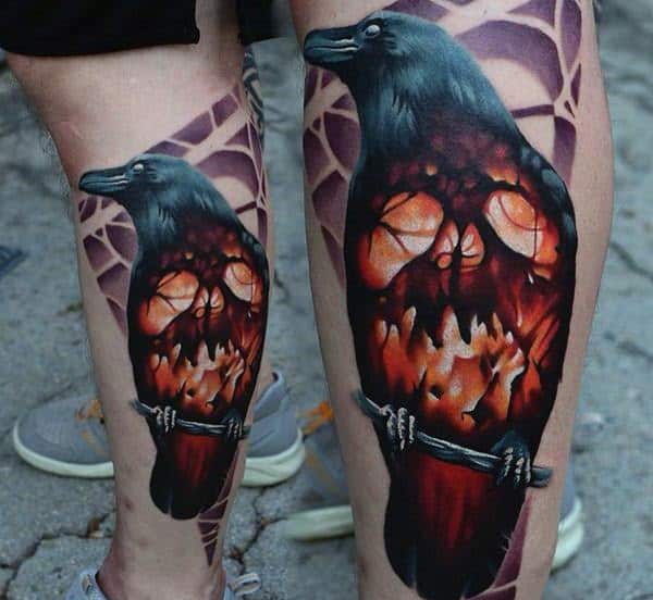 Watercolor Golden Yellow Raven Tattoo On Calves For Men