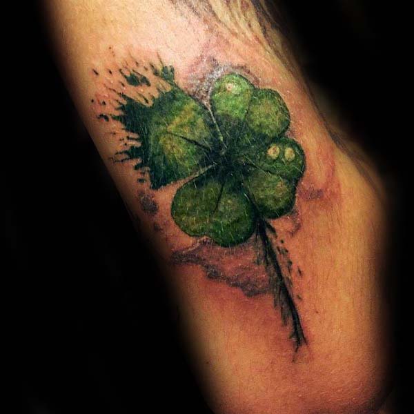 Watercolor Green Four Leaf Clover Male Irish Arm Tattoo Ideas