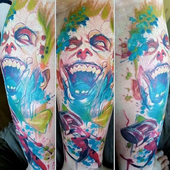 Watercolor Guys Artistic Joker Leg Tattoo Designs