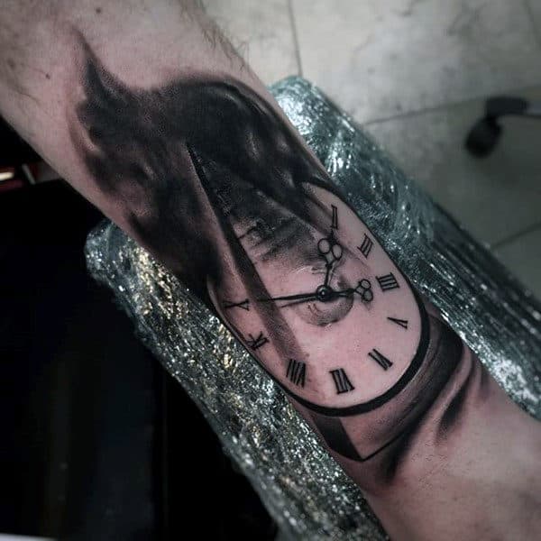 Watercolor Guys Clock Pyramid Quarter Sleeve Forearm Tattoos