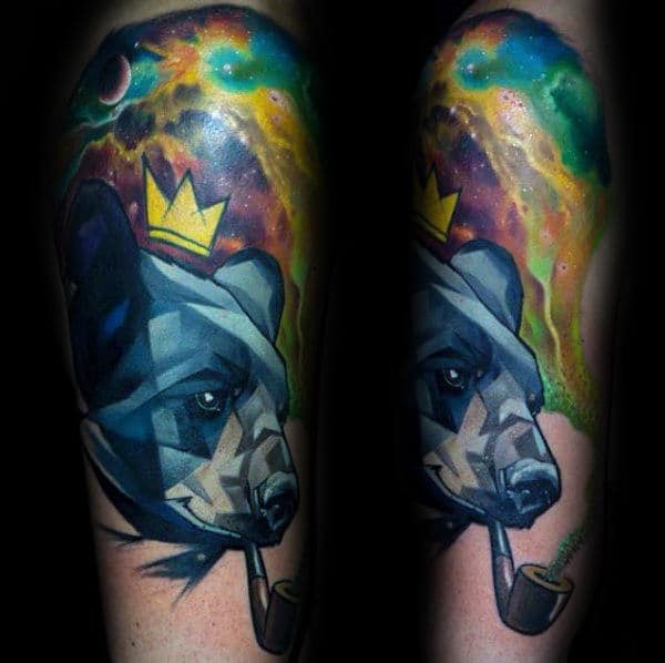 Watercolor Guys Geometric Bear Arm Tattoo With Outer Space Design