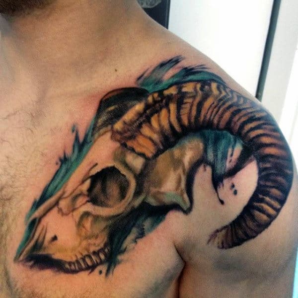 Watercolor Guys Goat Skull Shoulder And Chest Tattoo