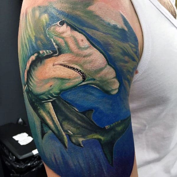 Watercolor Guys Half Sleeve Hammerhead Shark Tattoo Design Ideas