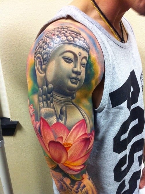 Watercolor Guys Lotus Flower Buddha Full Sleeve Tattoo Design