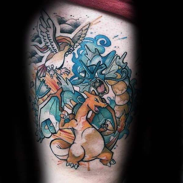 Watercolor Gyarados Pokemone Male Thigh Tattoos