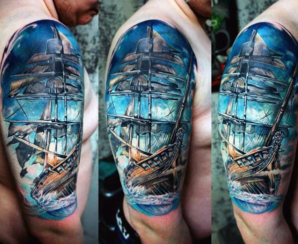 Watercolor Half Sleeve Sweet Mens Sailing Ship Tattoos