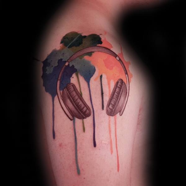Watercolor Incredible Headphones Tattoos For Men Upper Arm