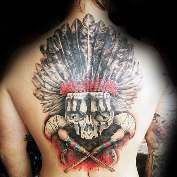 Watercolor Indian Skull Tattoo For Males On Back