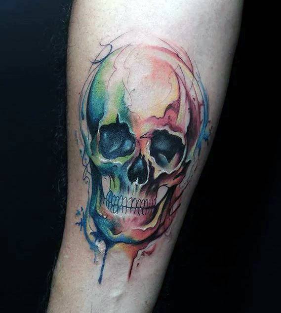 Watercolor Inner Forearm Skull Guys Tattoo Ideas