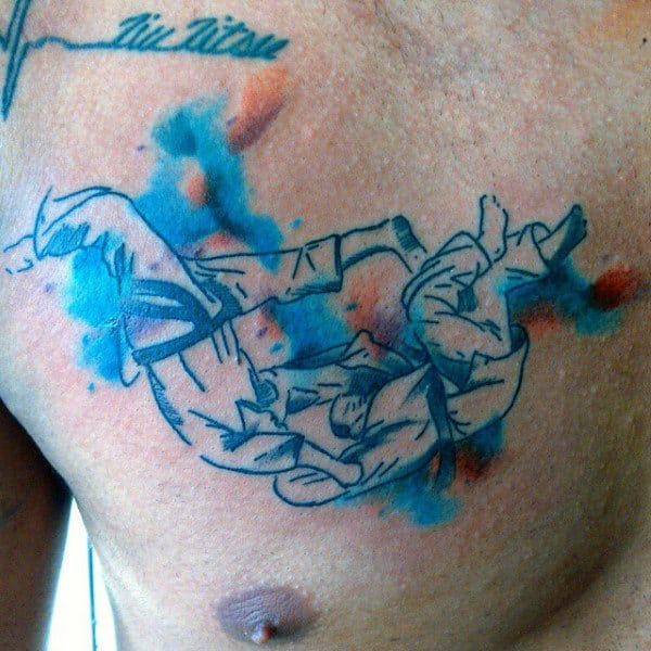 Watercolor Jiu Jitsu Mens Chest Tattoos