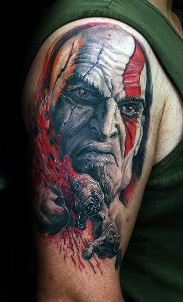 Watercolor Kratos Male Arm Tattoo