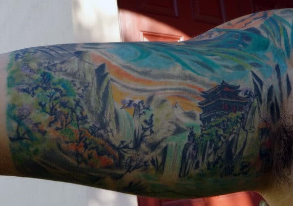 Watercolor Landscape Mens Half Sleeve Japanese Tattoo Ideas