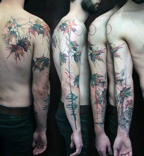 Watercolor Leaves Full Arm And Shoulder Male Fall Tattoo Ideas