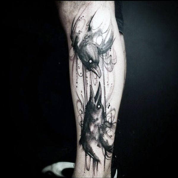 Watercolor Leg Tattoo Of Crow For Males