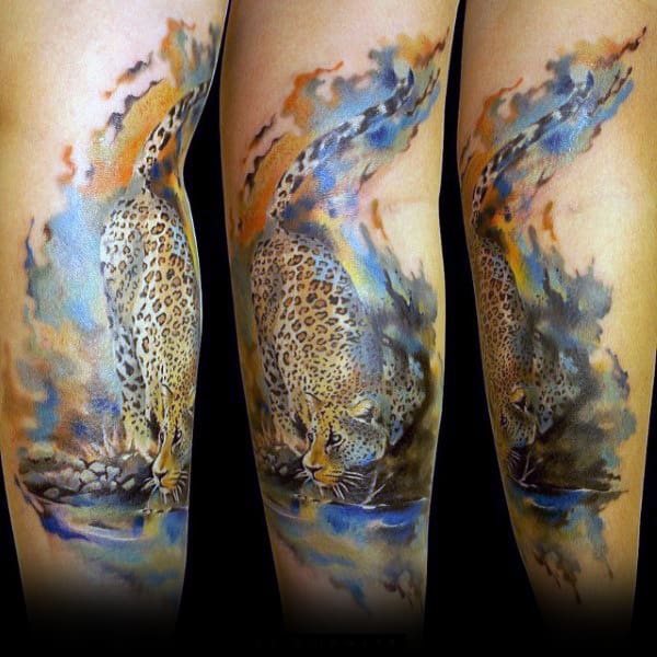 Watercolor Leopard Guys Forearm Tattoo Designs