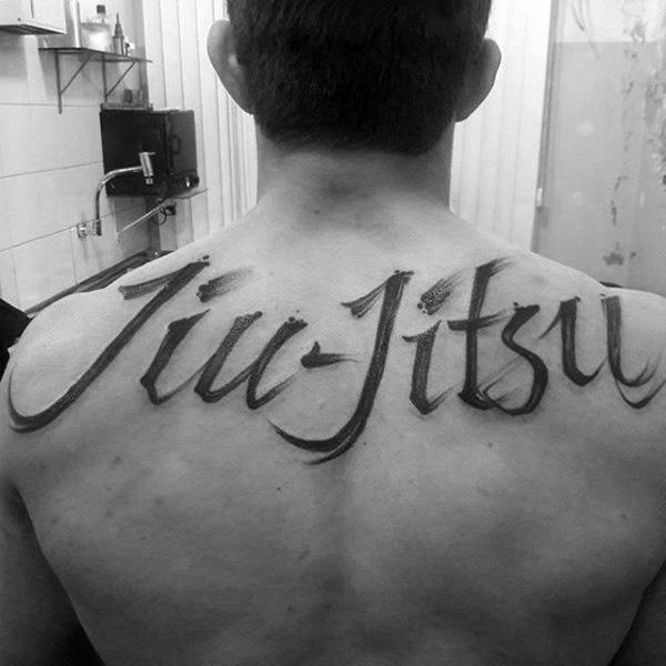 Watercolor Lettering Male Jiu Jitsu Upper Back Tattoo