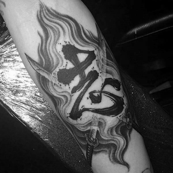 Watercolor Lettering Mens Crossed Katanas Arm Tattoo