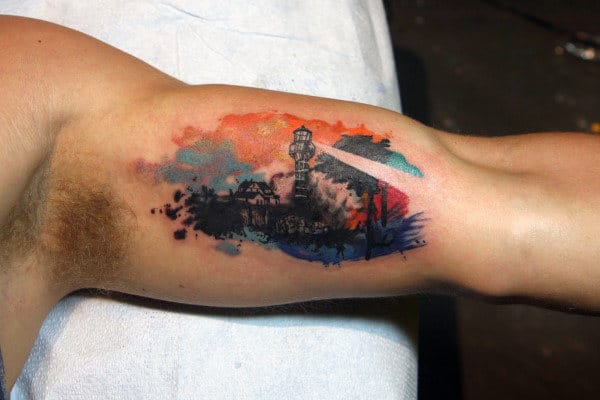 Watercolor Lighthouse Creative Mens Bicep Tattoos