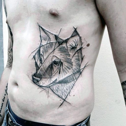Watercolor Lines Geometric Wolf Male Rib Cage Side Of Body Tattoos