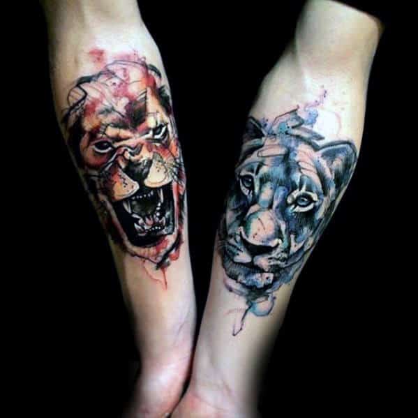 Watercolor Lion Forearm Tattoo Ideas For Gentlemen