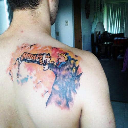 Watercolor Male Calvin And Hobbes Tattoo On Shoulder Blade