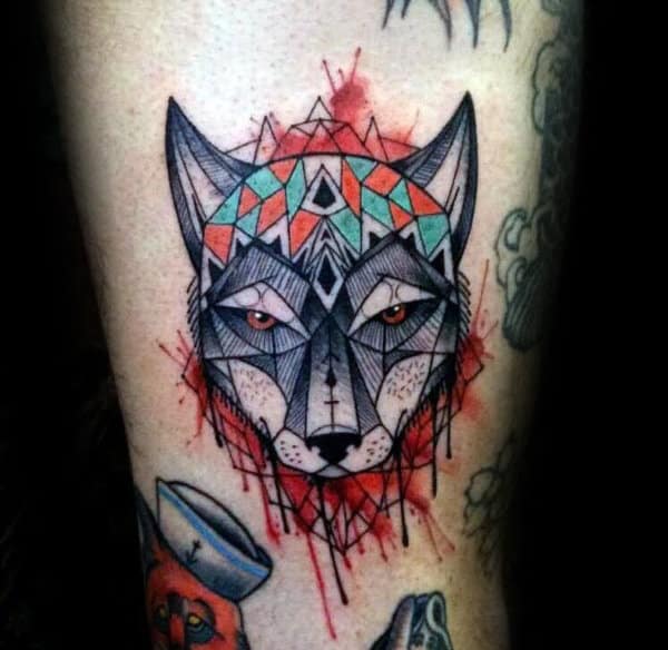 Watercolor Male Geometric Wolf Arm Tattoo