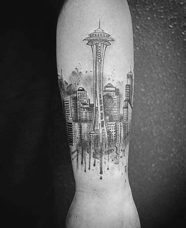 Watercolor Male Seattle Skyline Forearm Tattoos