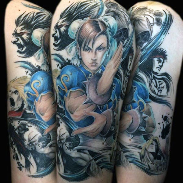 Watercolor Male Street Fighter Tattoo Designs On Arm