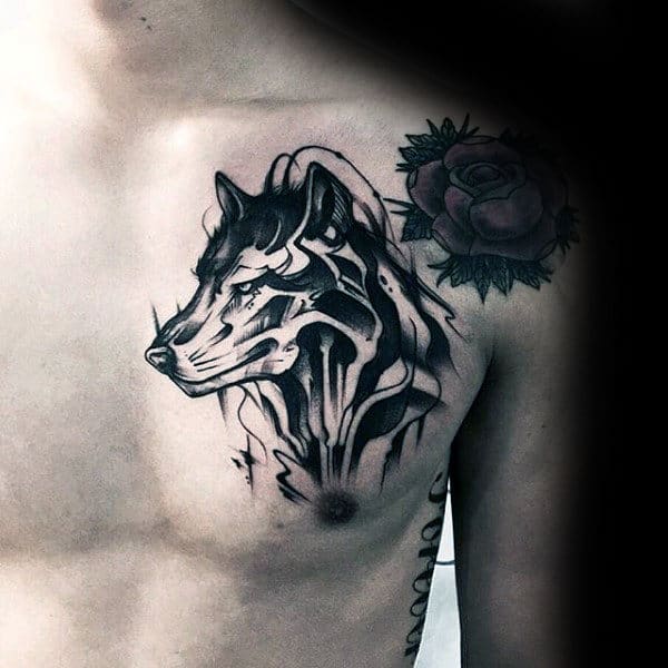 Watercolor Male Wolf Upper Chest Tattoo Ideas