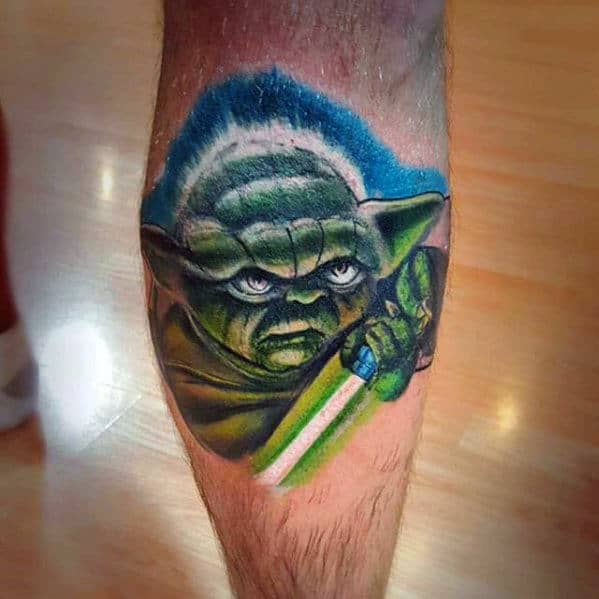 Watercolor Male Yoda Light Saber Tattoo Ideas For Men On Leg Calf