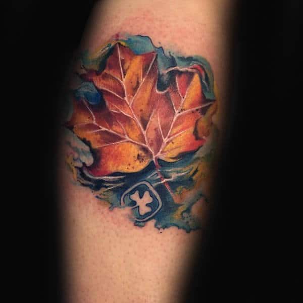 Watercolor Maple Leaf In Water Male Tattoos