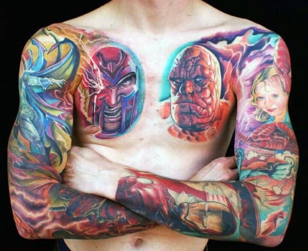 Watercolor Marvel Full Sleeve And Chest Tattoos For Guys