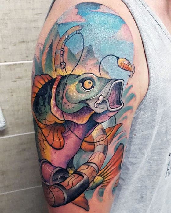 Watercolor Mens Artistic Trout Half Sleeve Tattoo