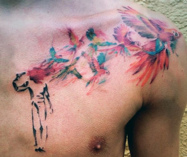 Watercolor Mens Banksy Upper Chest Tattoos
