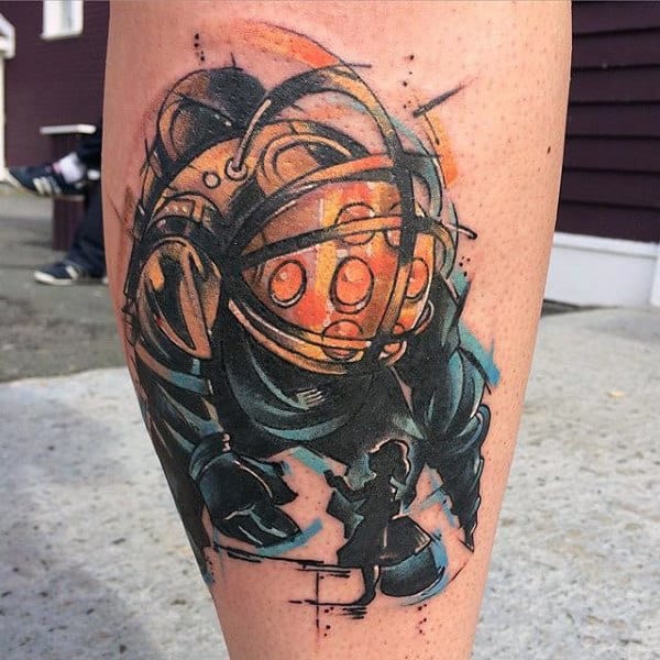 Watercolor Mens Bioshock Leg Tattoo