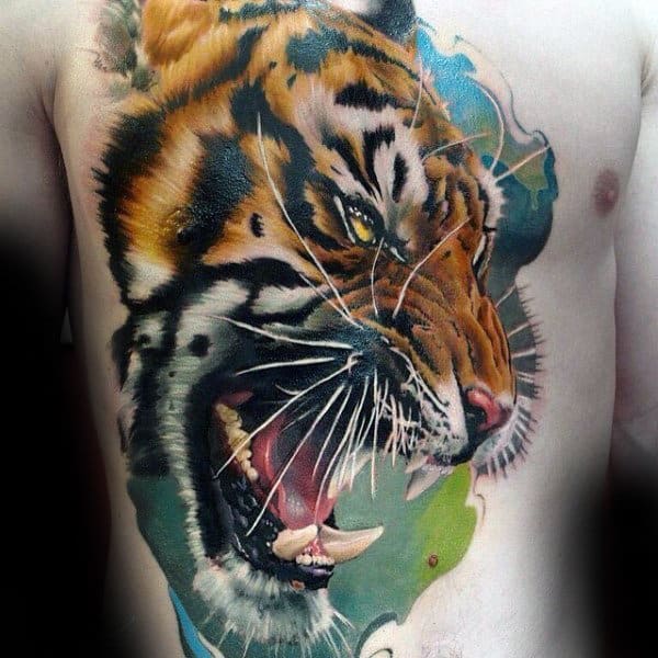 Watercolor Mens Colorful Roaring Tiger Full Rib Cage Side And Chest Tattoo