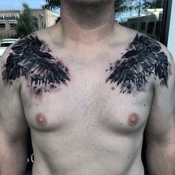 Watercolor Mens Creative Bird Chest Tattoos