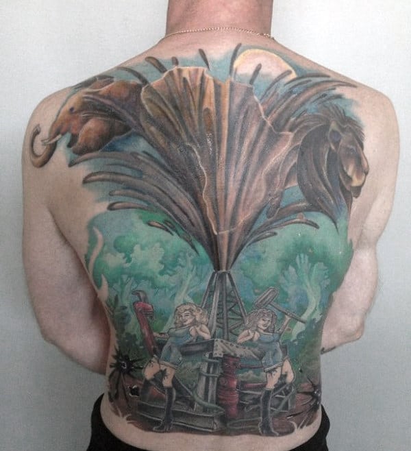 Watercolor Mens Crude Oil Well Full Back Tattoos