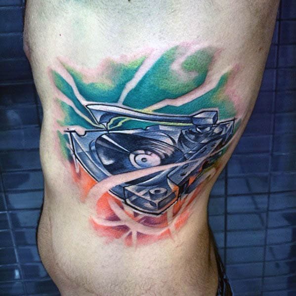 Watercolor Mens Dj Cassette Tape Rib Cage Side Tattoo