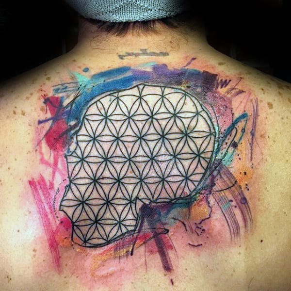 Watercolor Mens Flower Of Life Back Tattoo