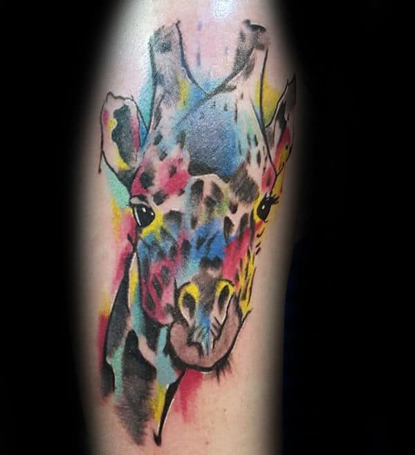 Watercolor Mens Giraffe Upper Arm Tattoo